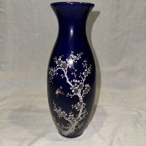 Yamato Japan Porcelain Cobalt Blue Cherry Blossoms Bird Floral Gold Rimmed Vase.
